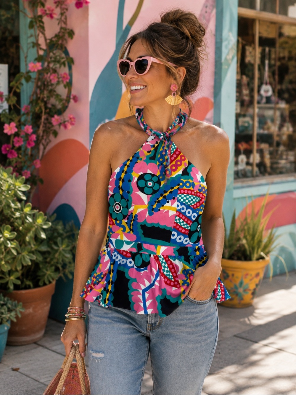 J. Crew Multicolor Halter Ratti Kaleidoscop Peplum Top with Pink Accents NWT